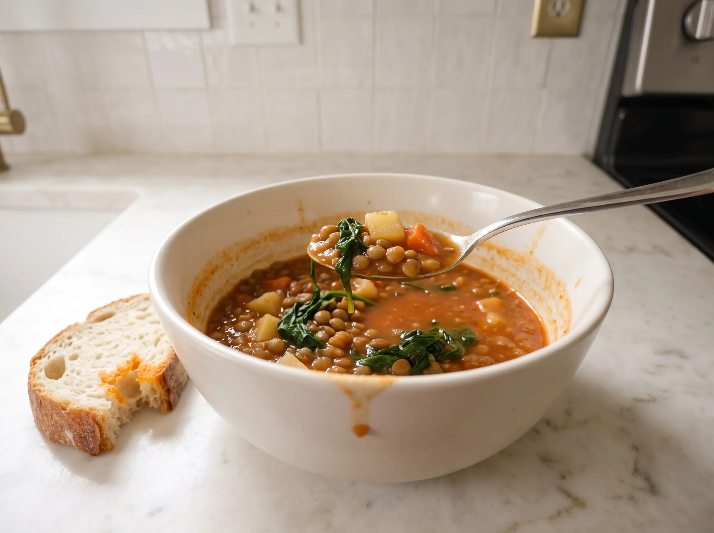 Hearty lentil soup with spinach, diced potatoes, and carrots, served in a white bowl on a marble surface.