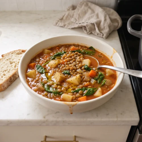 mediterranean-lentil-soup: Hearty mediterranean lentil soup with carrots, potatoes, and spinach in a white bowl, served with a slice of bread.