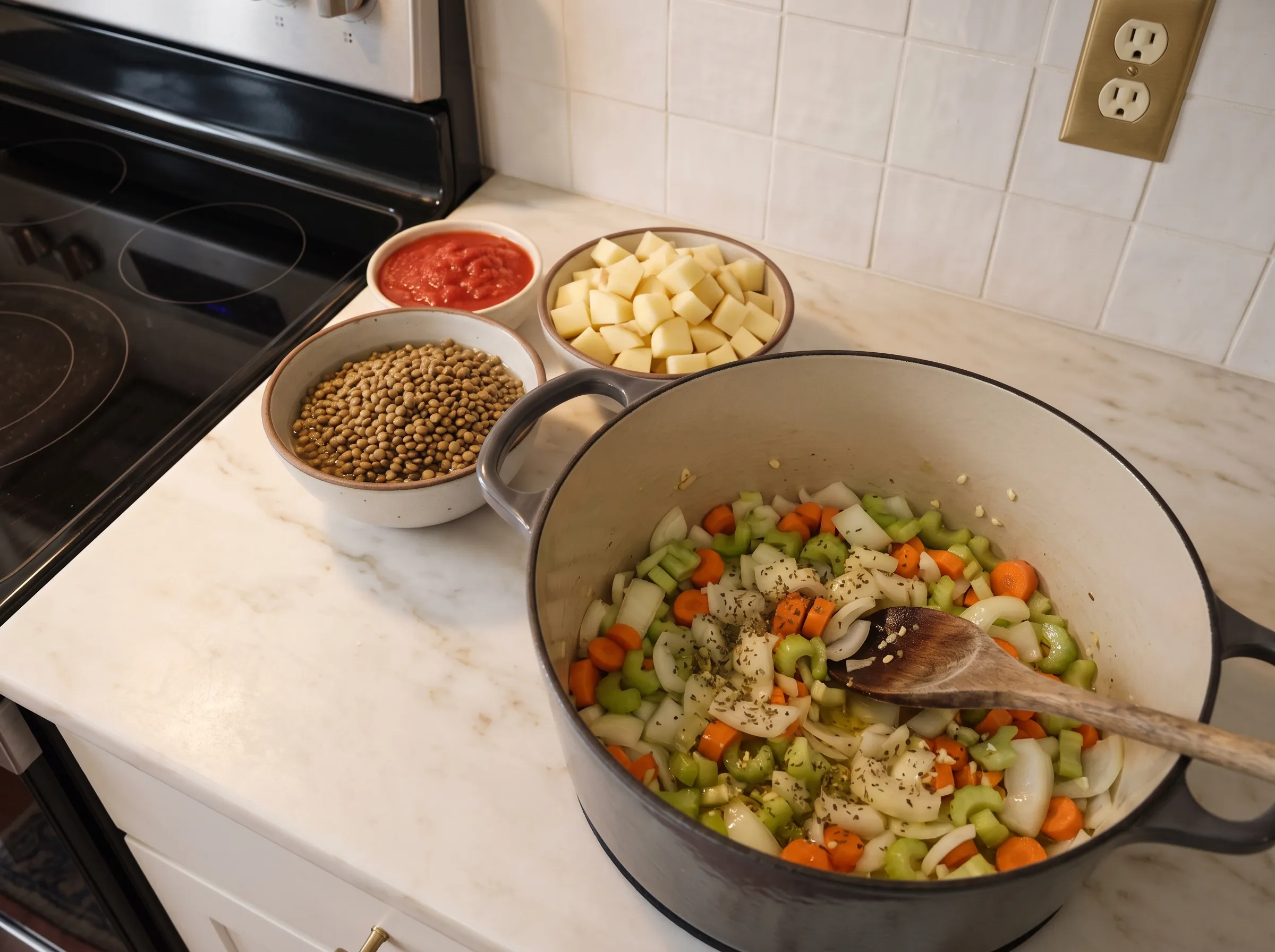 Sautéed onion, carrot, and celery in a pot with lentils and diced potatoes nearby on a countertop.