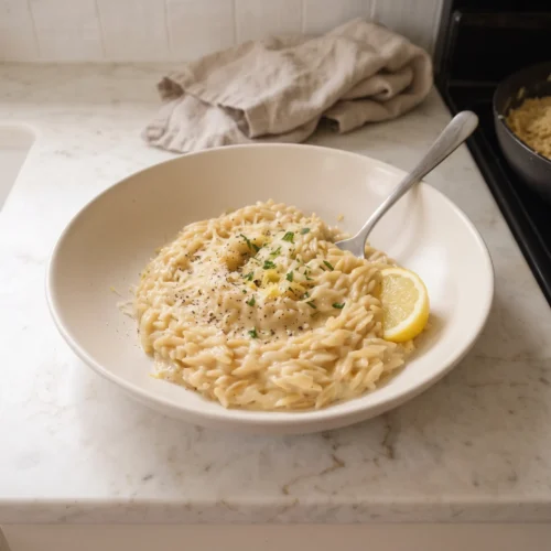 how-to-cook-orzo: Creamy lemon orzo with fresh herbs and black pepper, served in a white bowl with a lemon wedge.