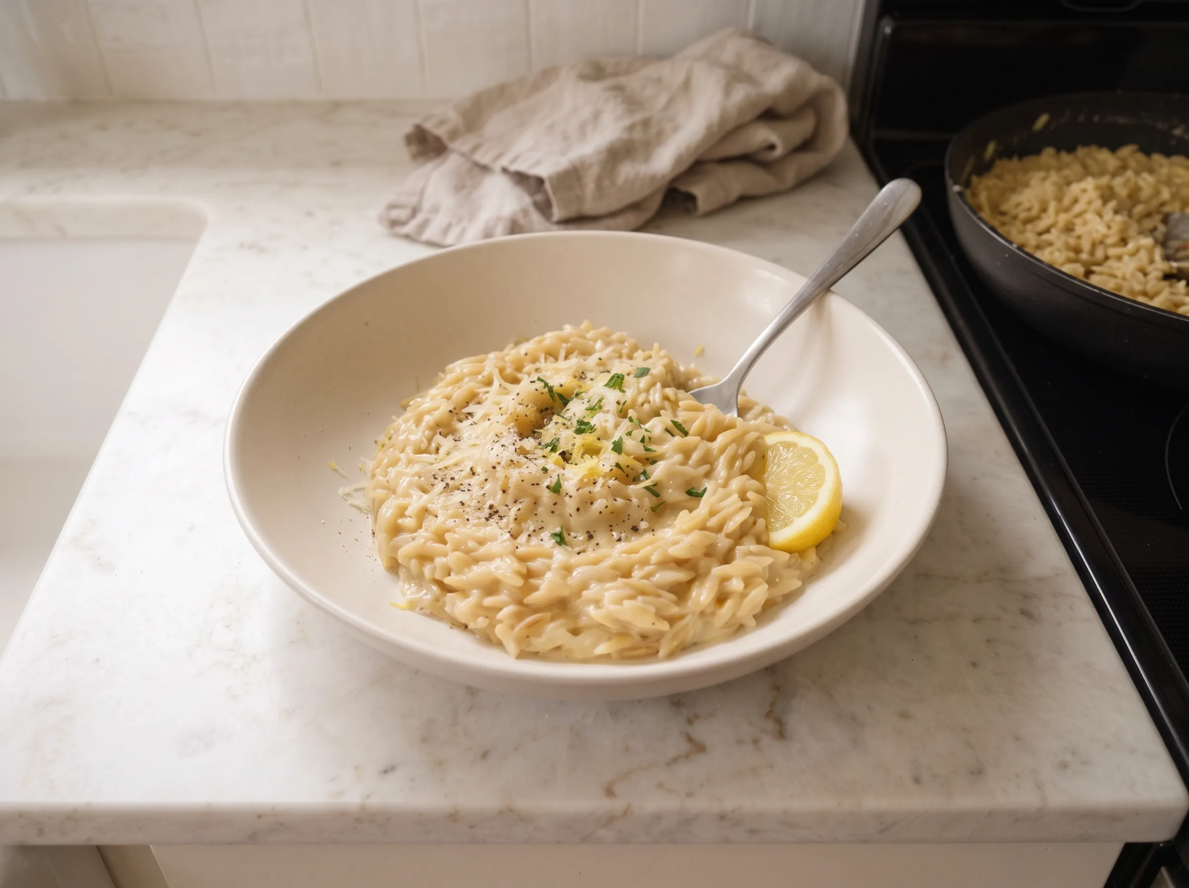 how-to-cook-orzo: Creamy lemon orzo with fresh herbs and black pepper, served in a white bowl with a lemon wedge.