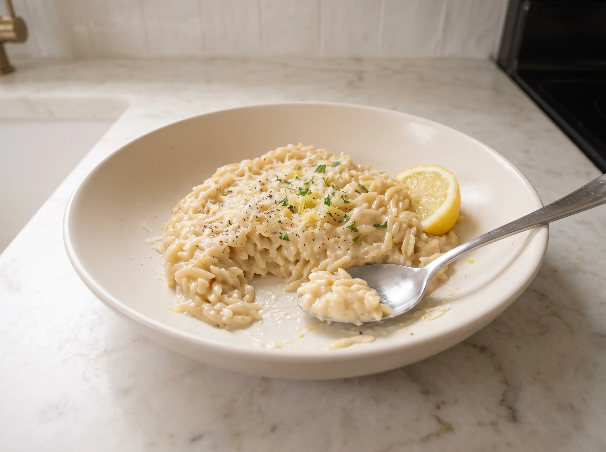 Creamy lemon orzo dish with herbs, served in a shallow bowl, garnished with lemon slice and pepper.