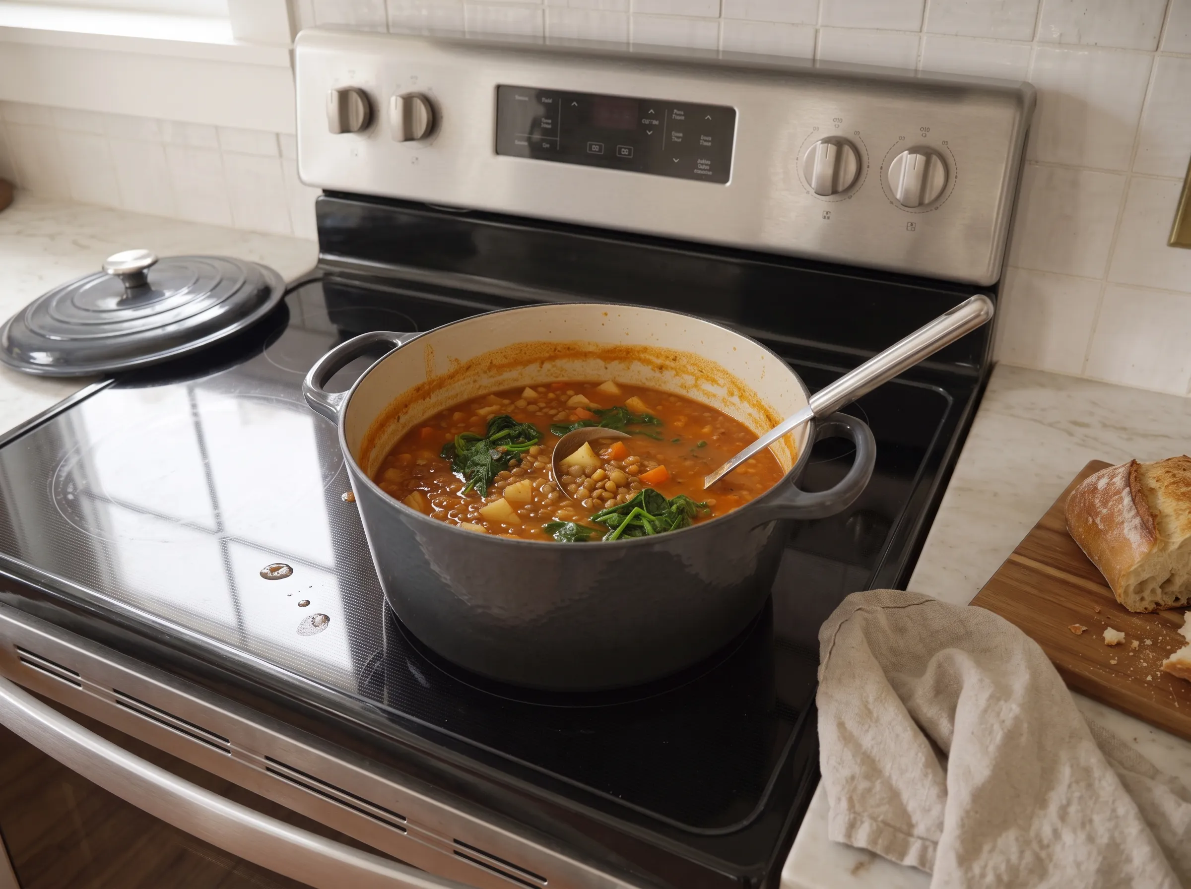 One-pot lentil soup with spinach, carrots, and potatoes, garnished and simmered in a black pot.