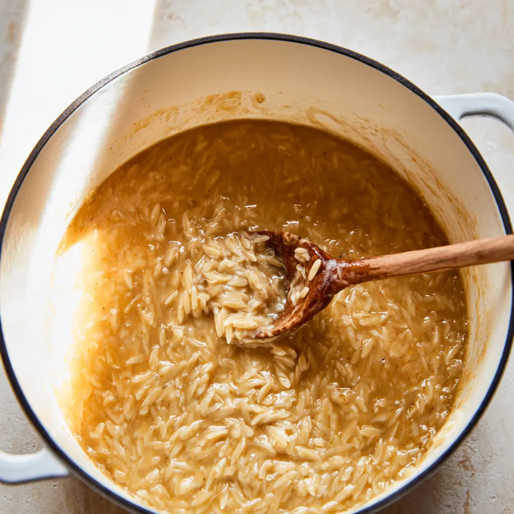 Creamy lemon orzo simmered in a pot, featuring a rich golden color and a wooden spoon for serving.