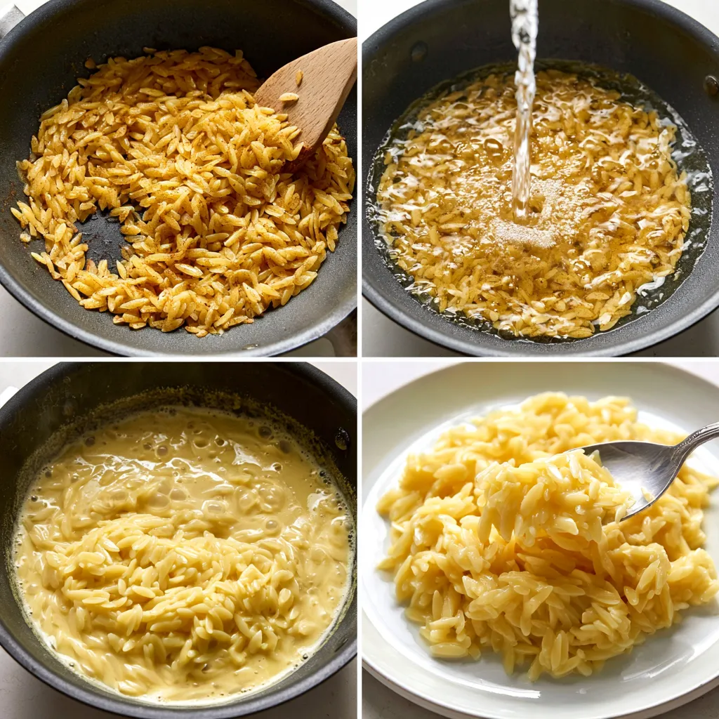 Orzo pasta simmered with broth, appearing creamy and golden, served in a white bowl.