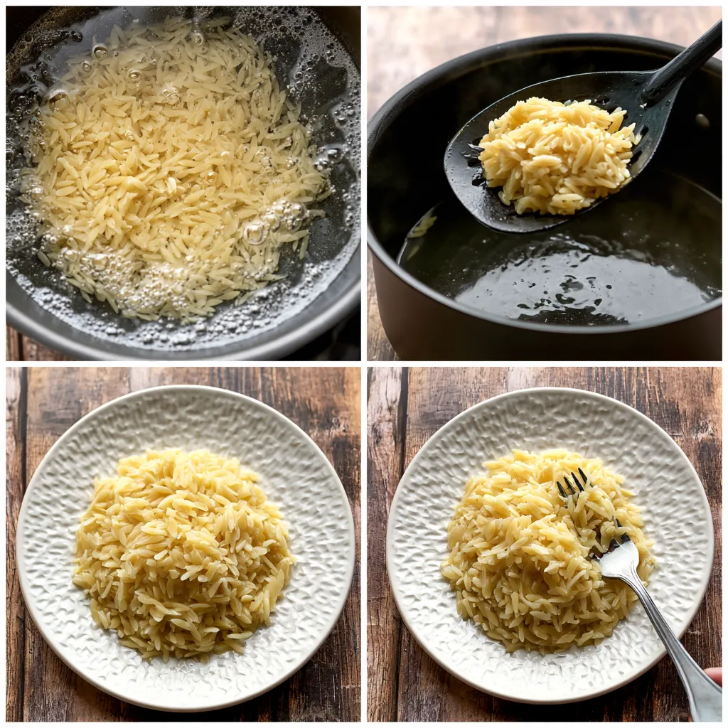 Orzo pasta cooked in water, served in a textured white bowl, golden yellow color, fluffy appearance.