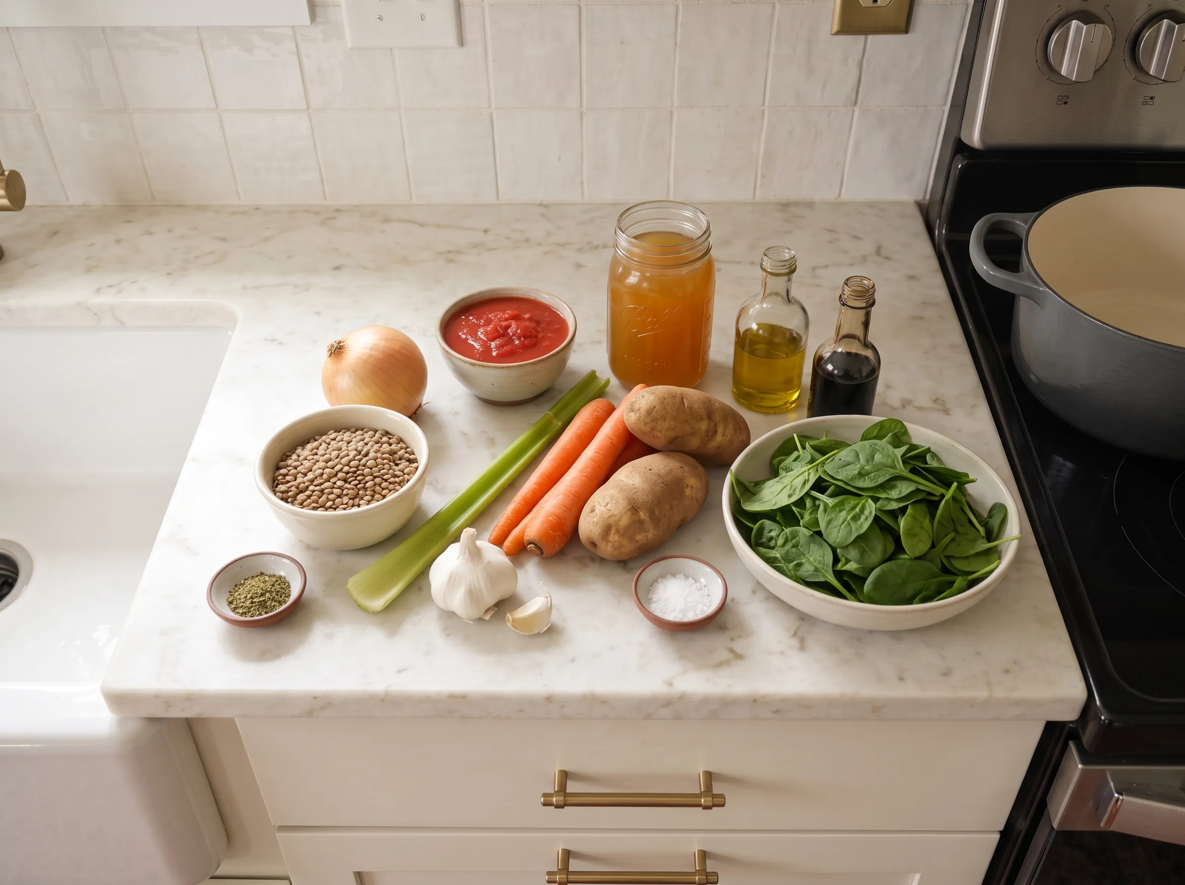Ingredients for mediterranean lentil soup: lentils, carrots, potatoes, celery, spinach, onion, tomatoes, garlic, broth, and seasonings.