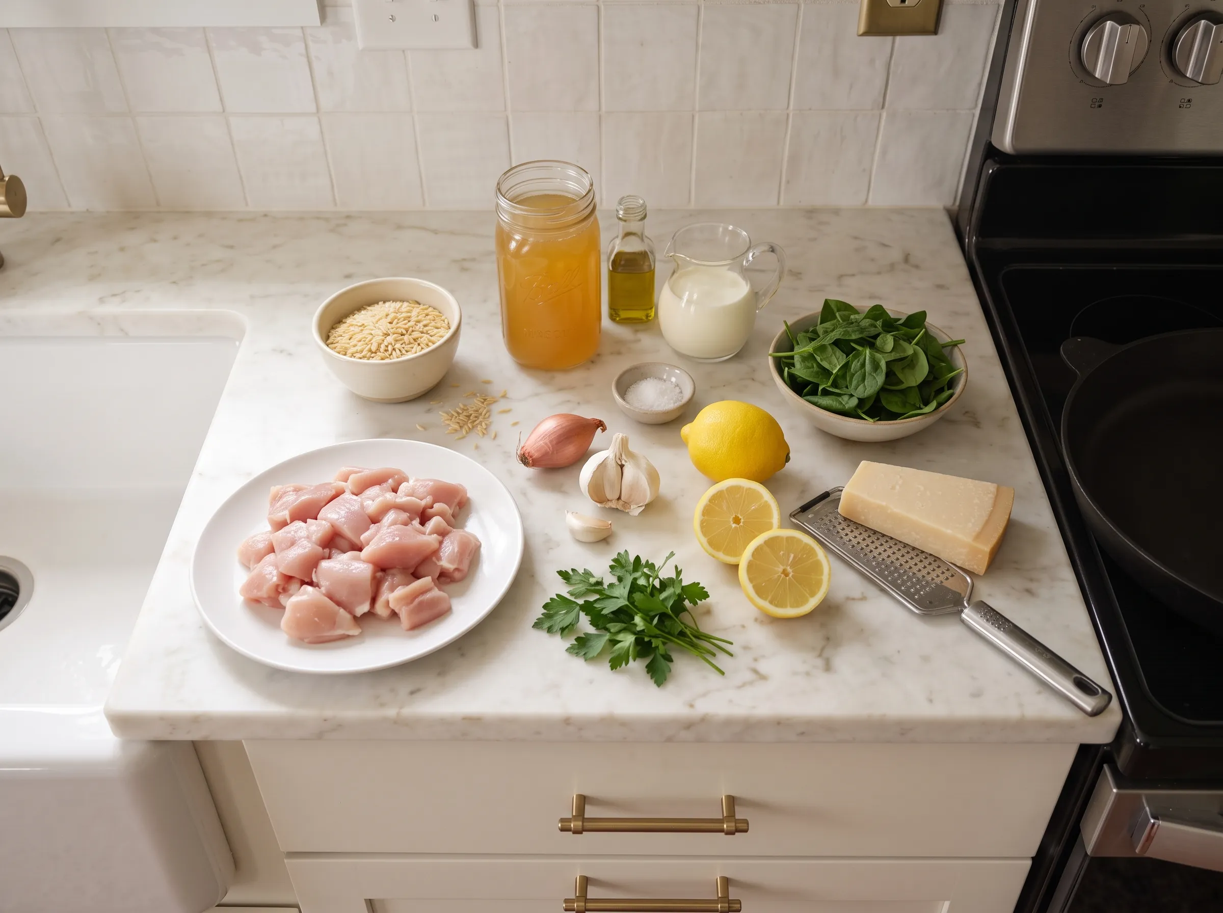Chicken, orzo, spinach, lemon, and garlic, arranged on a marble countertop, with a cast iron pan nearby.