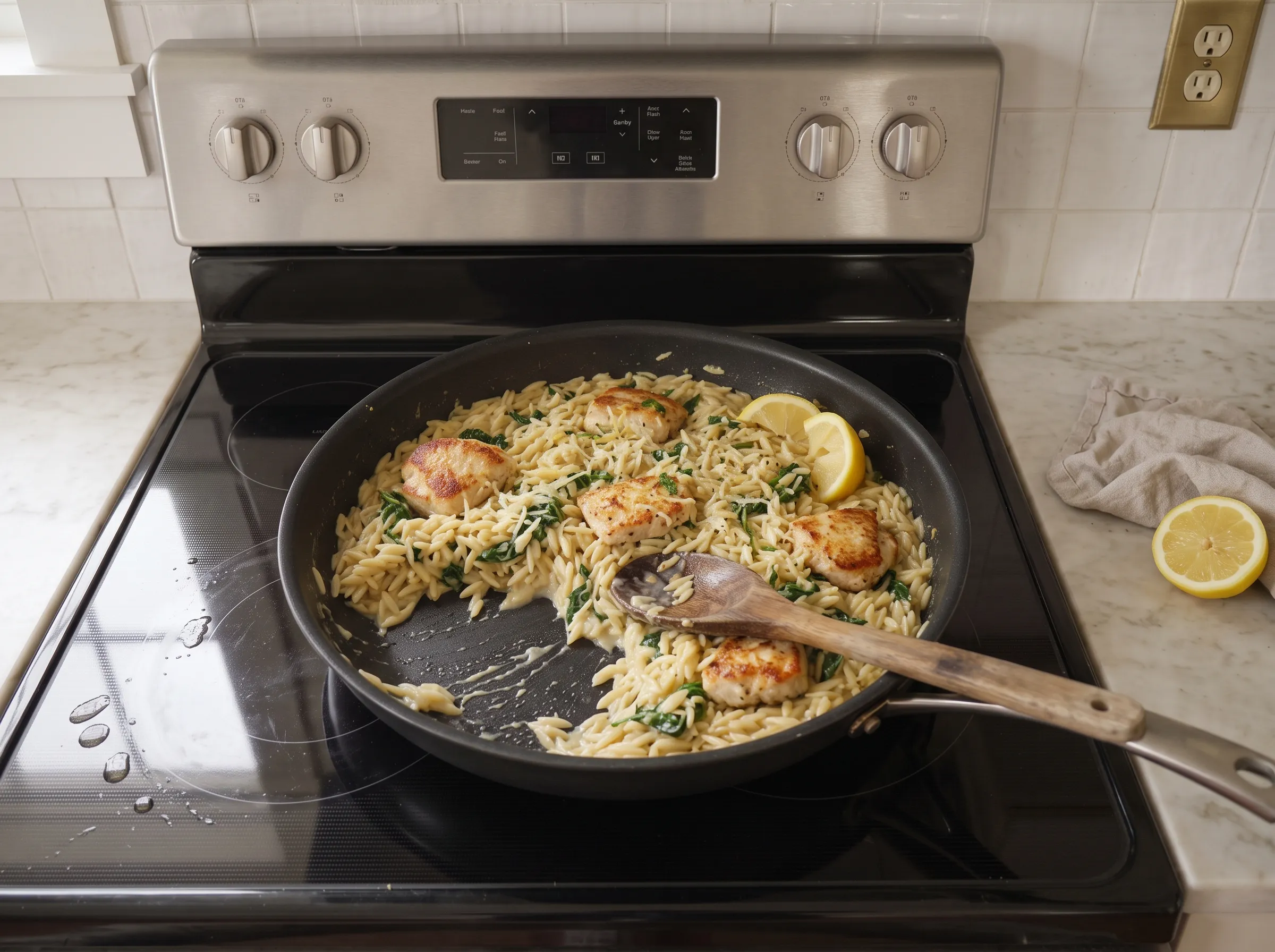 One-pan lemon orzo with seared chicken and spinach, garnished with lemon wedges, served in a frying pan.