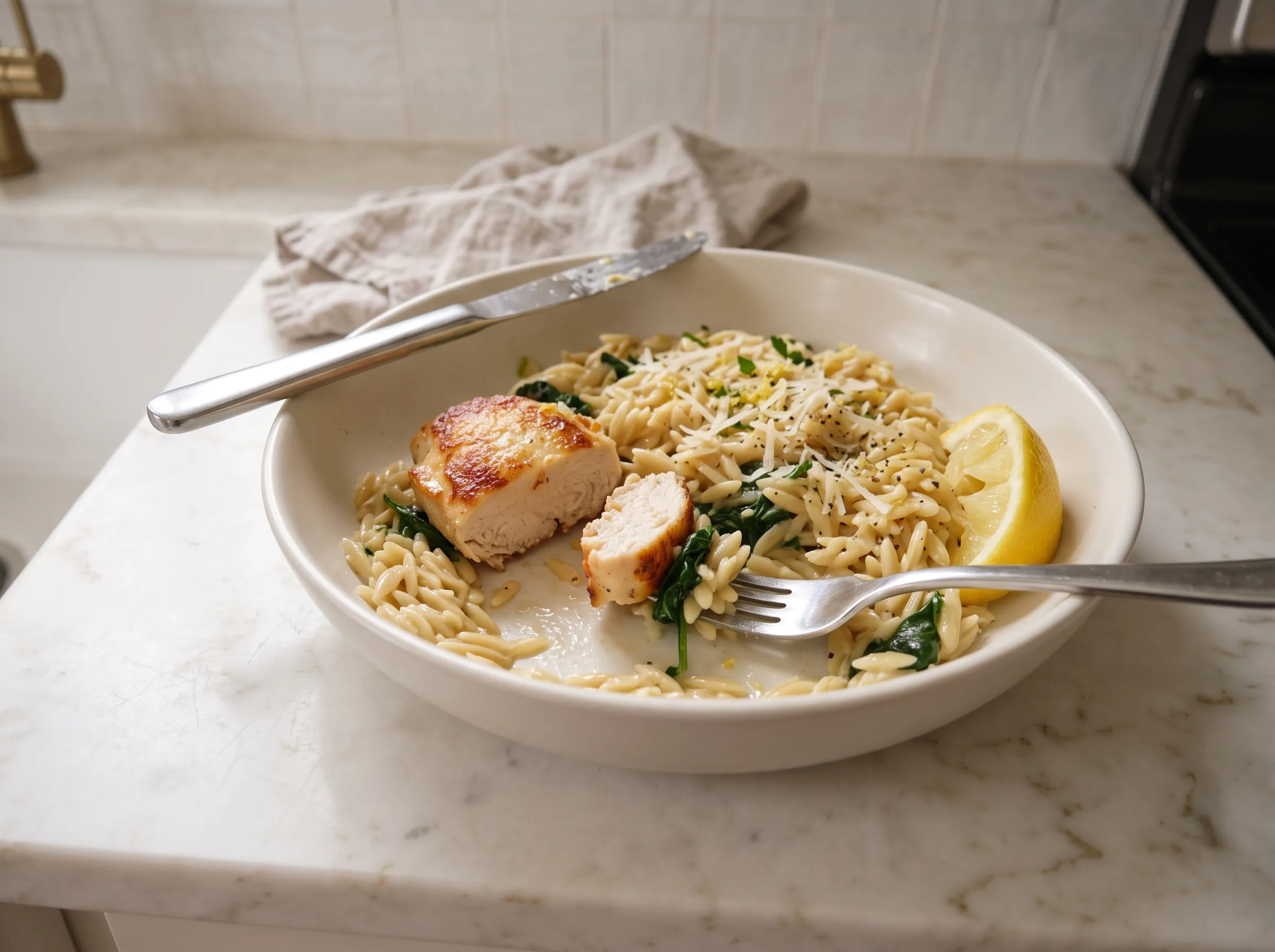 Lemon orzo with seared chicken and spinach in a white bowl topped with black pepper and lemon wedge.