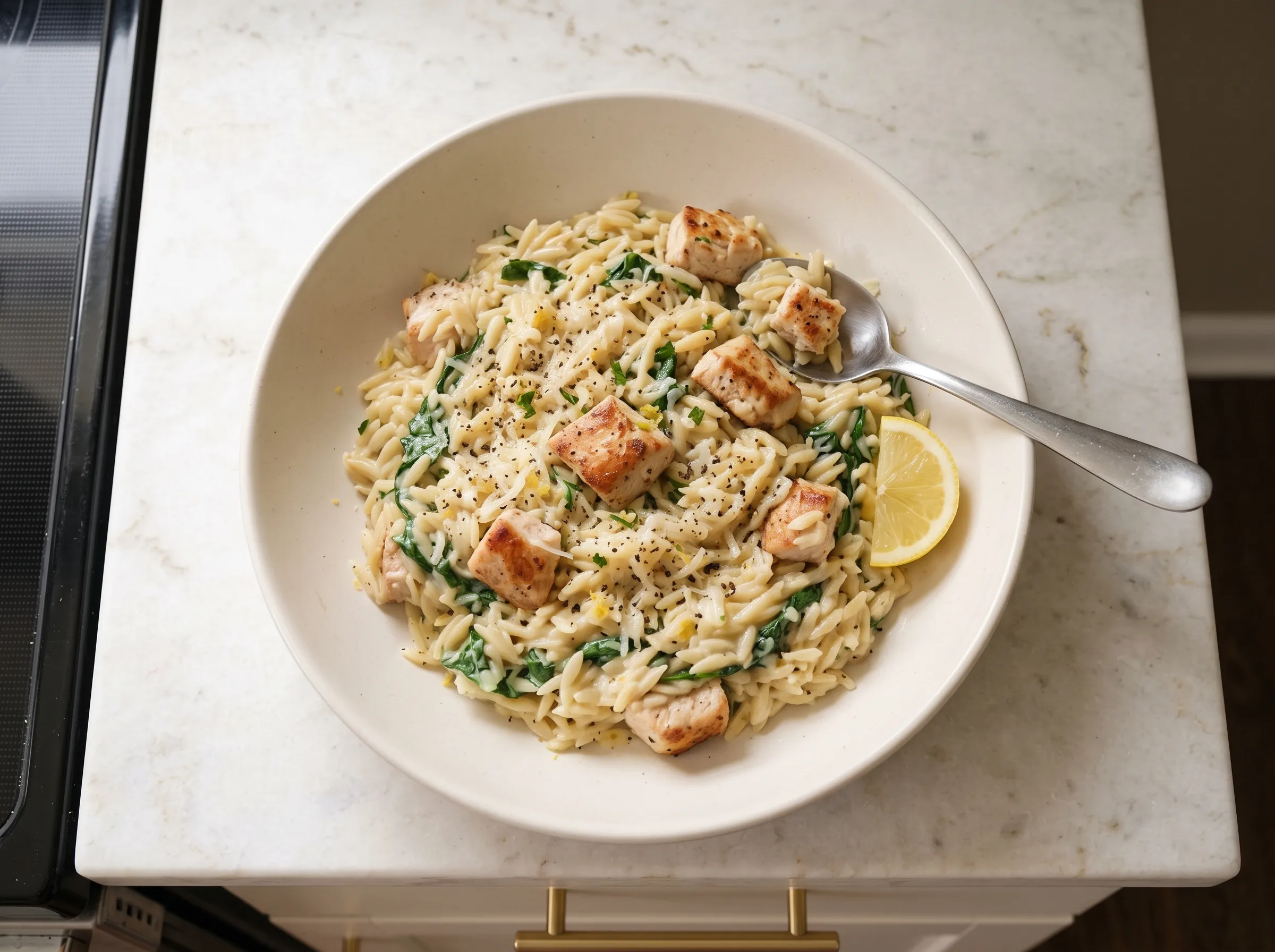 Creamy lemon orzo with seared chicken and spinach, served in a white bowl, garnished with lemon and black pepper.