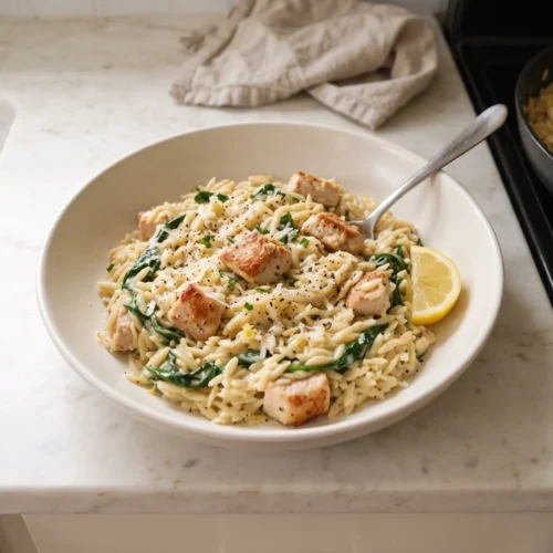 one-pan-lemonorzo-with-chicken-and-spinach: Creamy orzo with seared chicken, spinach, and lemon, garnished with black pepper in a white bowl.