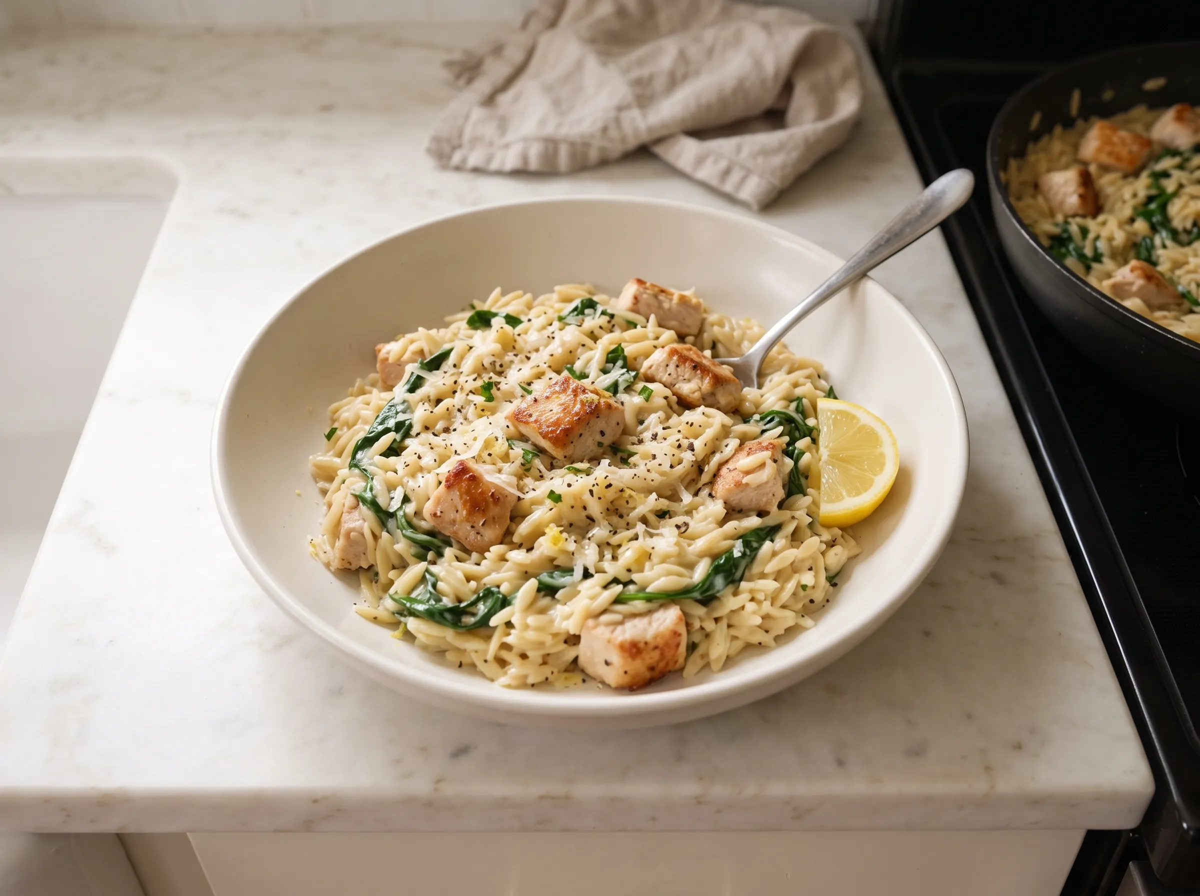 one-pan-lemonorzo-with-chicken-and-spinach: Creamy orzo with seared chicken, spinach, and lemon, garnished with black pepper in a white bowl.