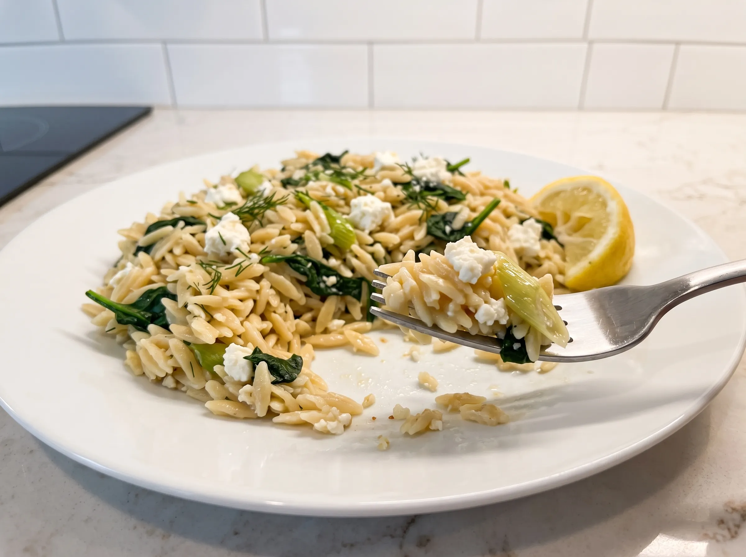 Lemon orzo with spinach and feta, served on a white plate; garnished with fresh dill and lemon wedge.
