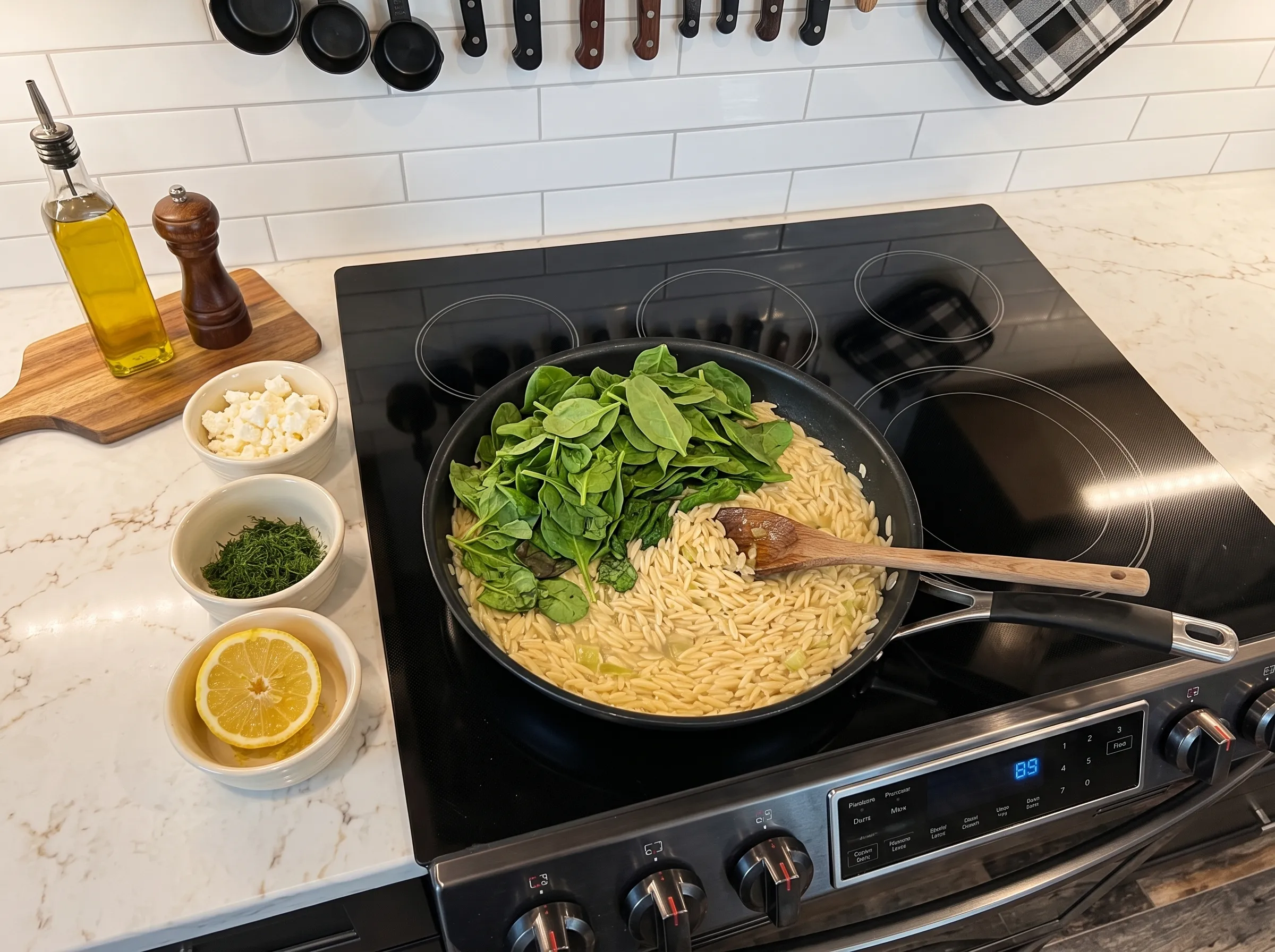 Orzo simmered with spinach, garnished with fresh herbs, served in a skillet, with lemon and feta on the side.